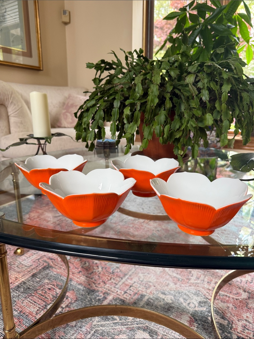 Vintage Lotus Flower Rice Bowls - Set of 4 - Orange